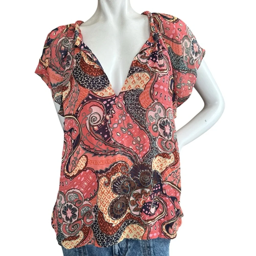 A.L.C. “June” Orange & Pink Paisley Floral 100% Silk Short Flutter Sleeve Top 10 - Picture 1 of 10